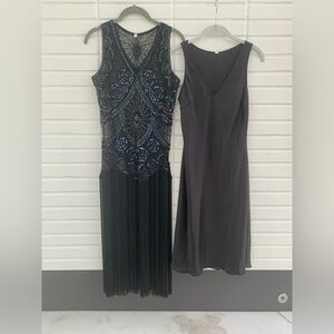 🔥 Vintage “Jazzy” Beaded Fringe Flapper Midi Gown - Black Sapphire Blue